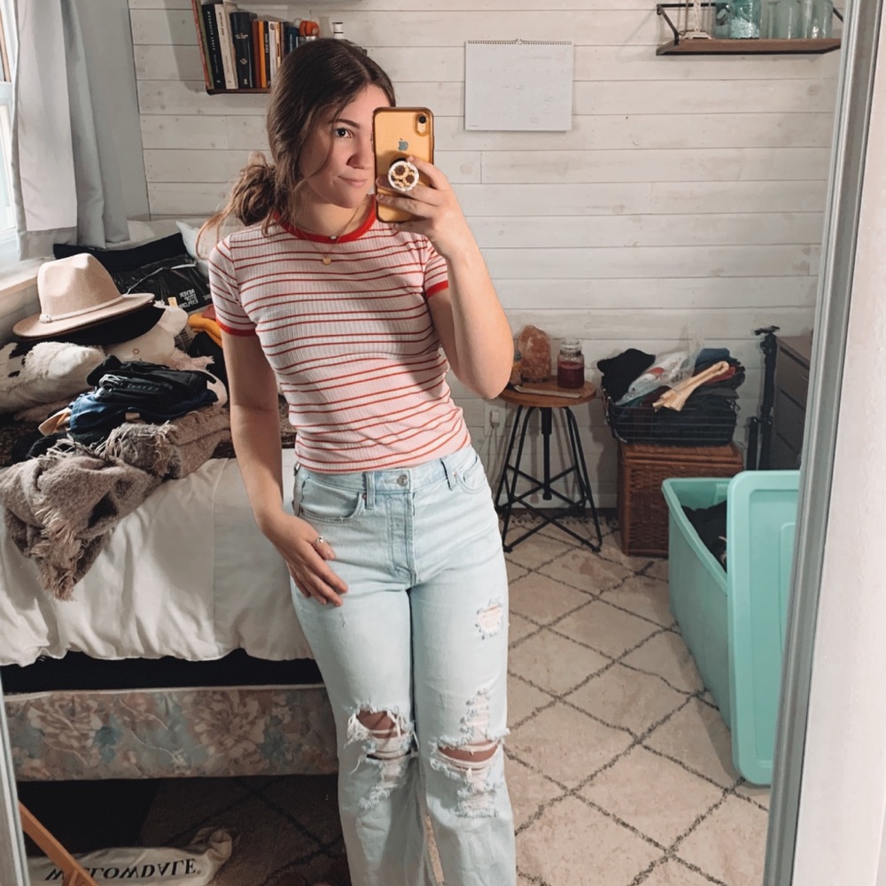 Peachy Pink & Red Striped Ribbed Shirt